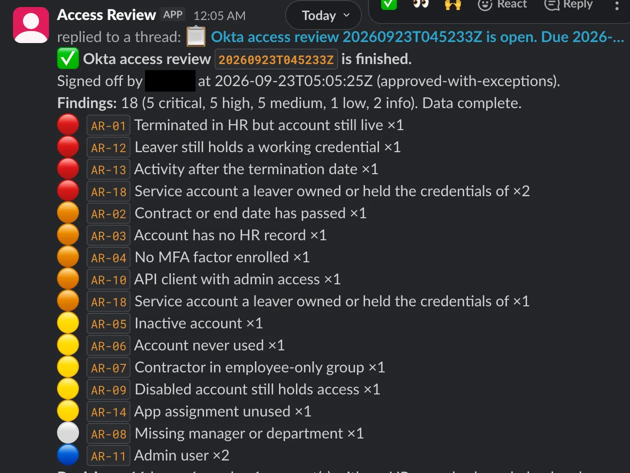 Slack: the finished review, signed off, with 18 findings by check from critical to info, the decisions, and the tickets opened